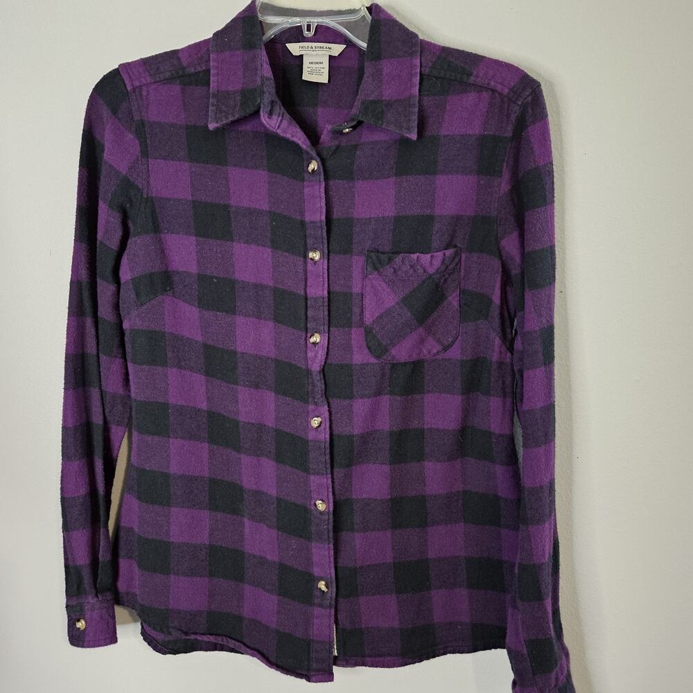 Women's Medium Purple & Black Plaid Checked Flannel Shirt - Field and Stream